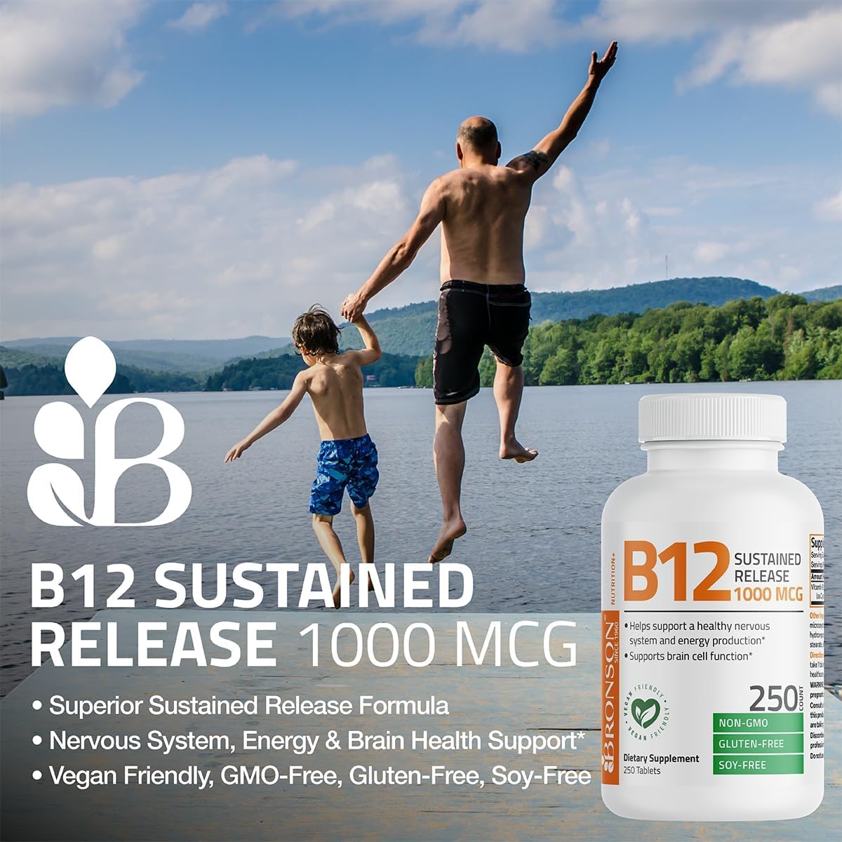 Bronson label highlights non-GMO, gluten-free formula for clean daily use.