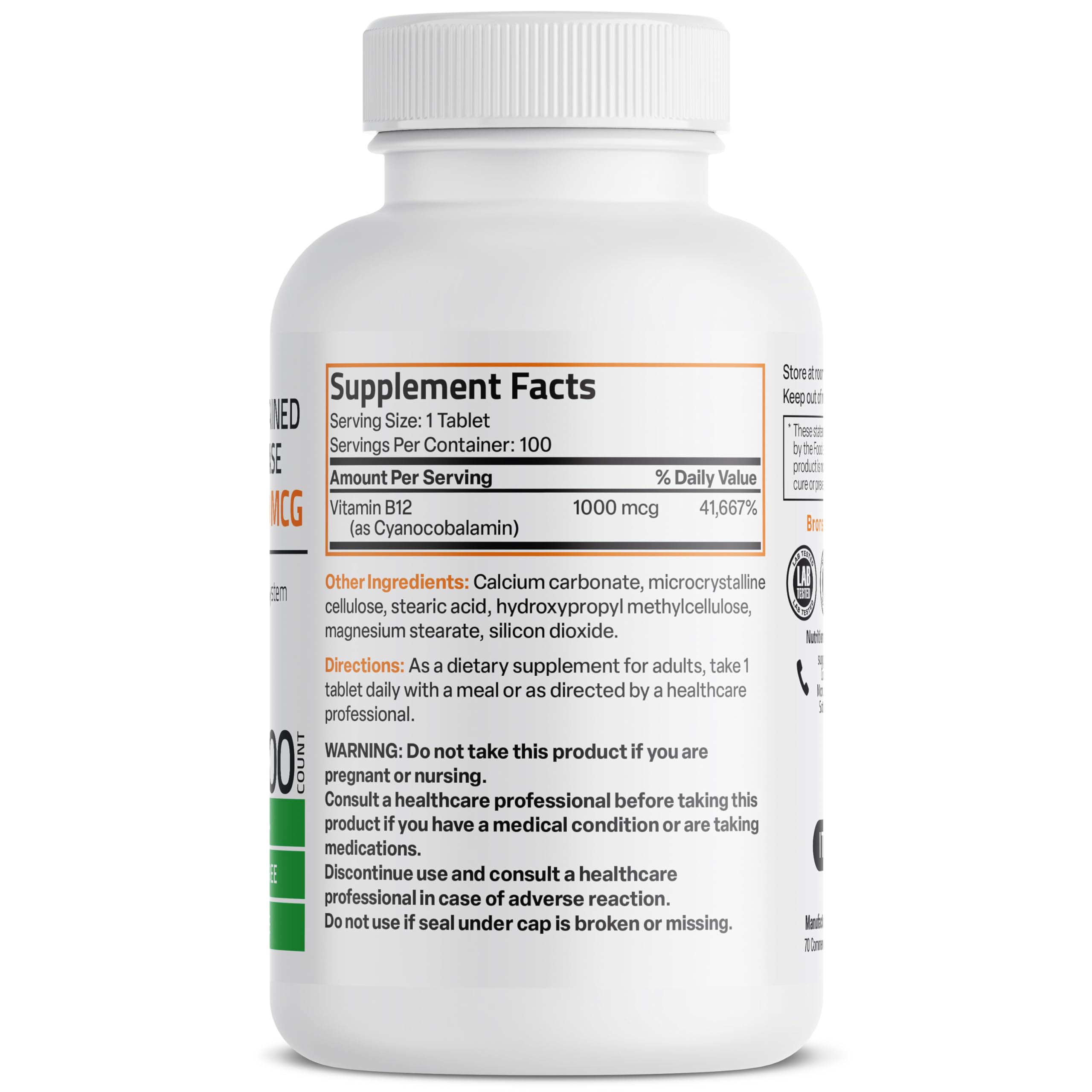 Bronson B12 bottle with label, highlighting vegan non-GMO formula for daily wellness.