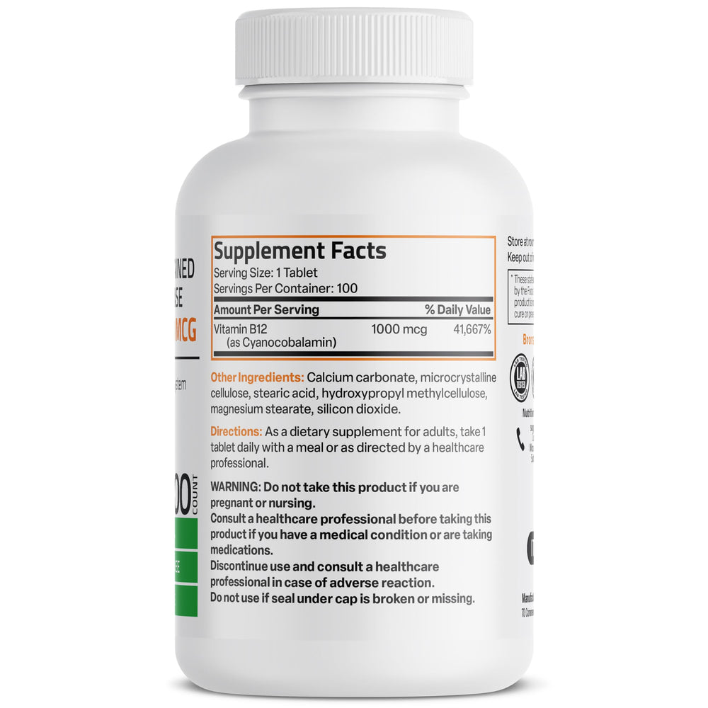 Bronson B12 bottle with label, highlighting vegan non-GMO formula for daily wellness.