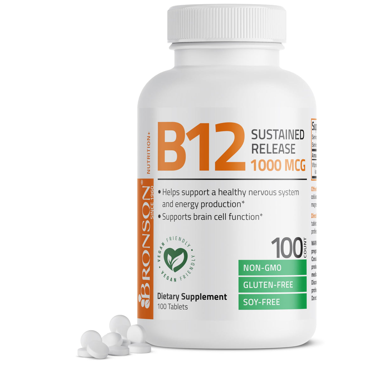 Bronson B12 1000 mcg sustained-release tablets on bottle, supporting steady energy through the day.