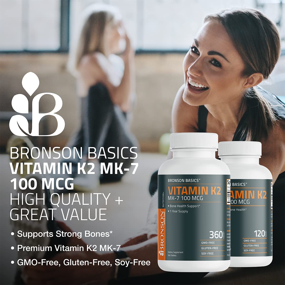 Bronson Basics Vitamin K2 MK-7 1-year supply bottle on display.