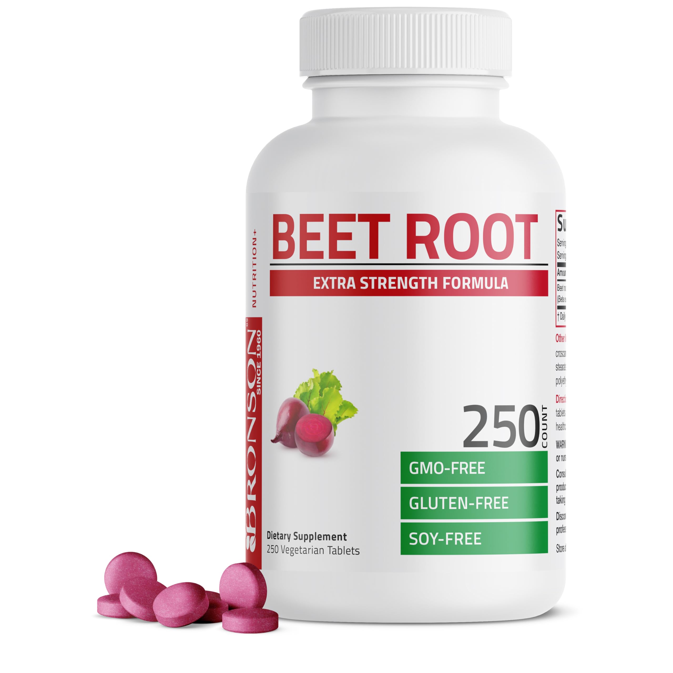 Bronson Beet Root Extra Strength bottle front, vegan and non-GMO formula highlighted.