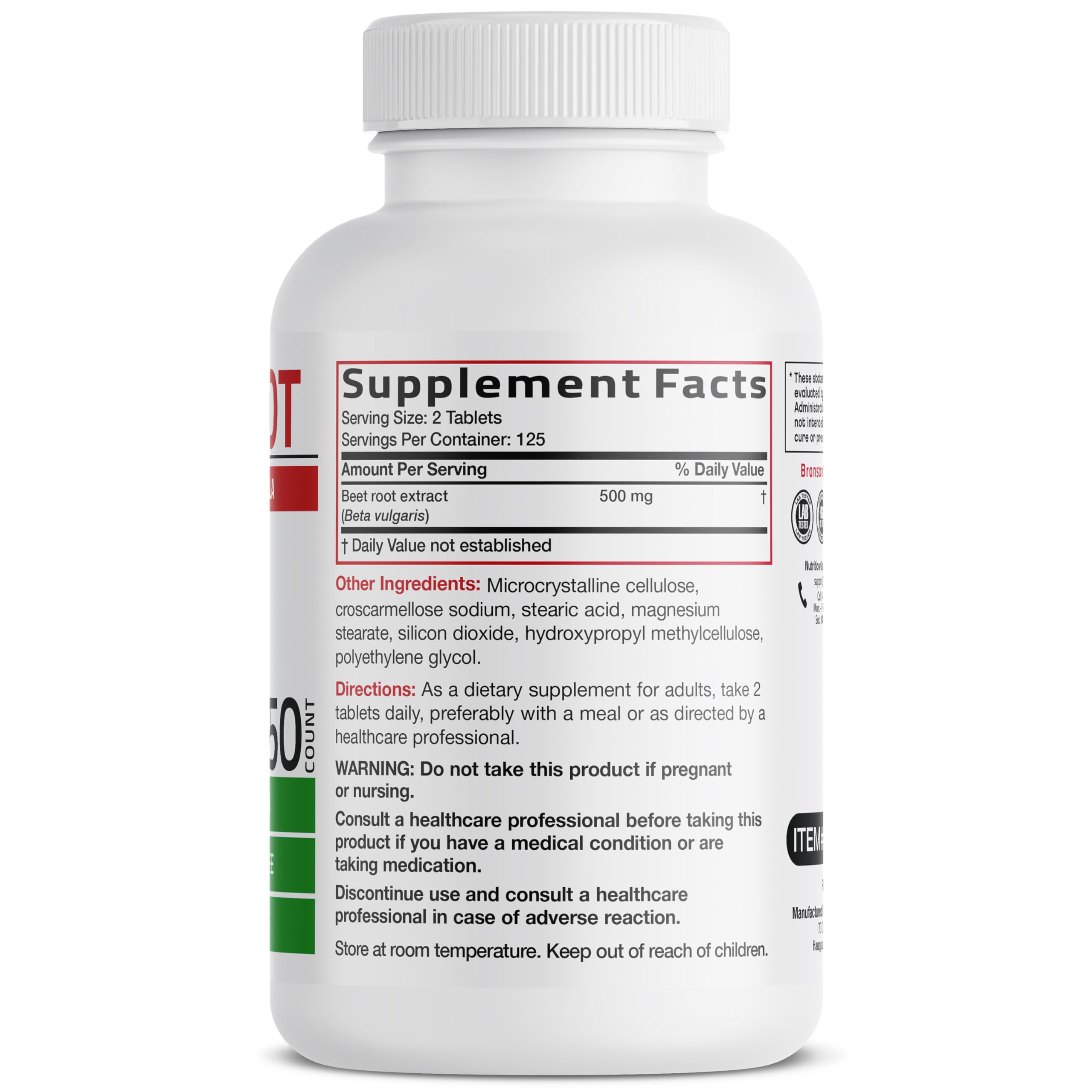 Bronson Beet Root Extra Strength bottle side view showing potency equivalent.