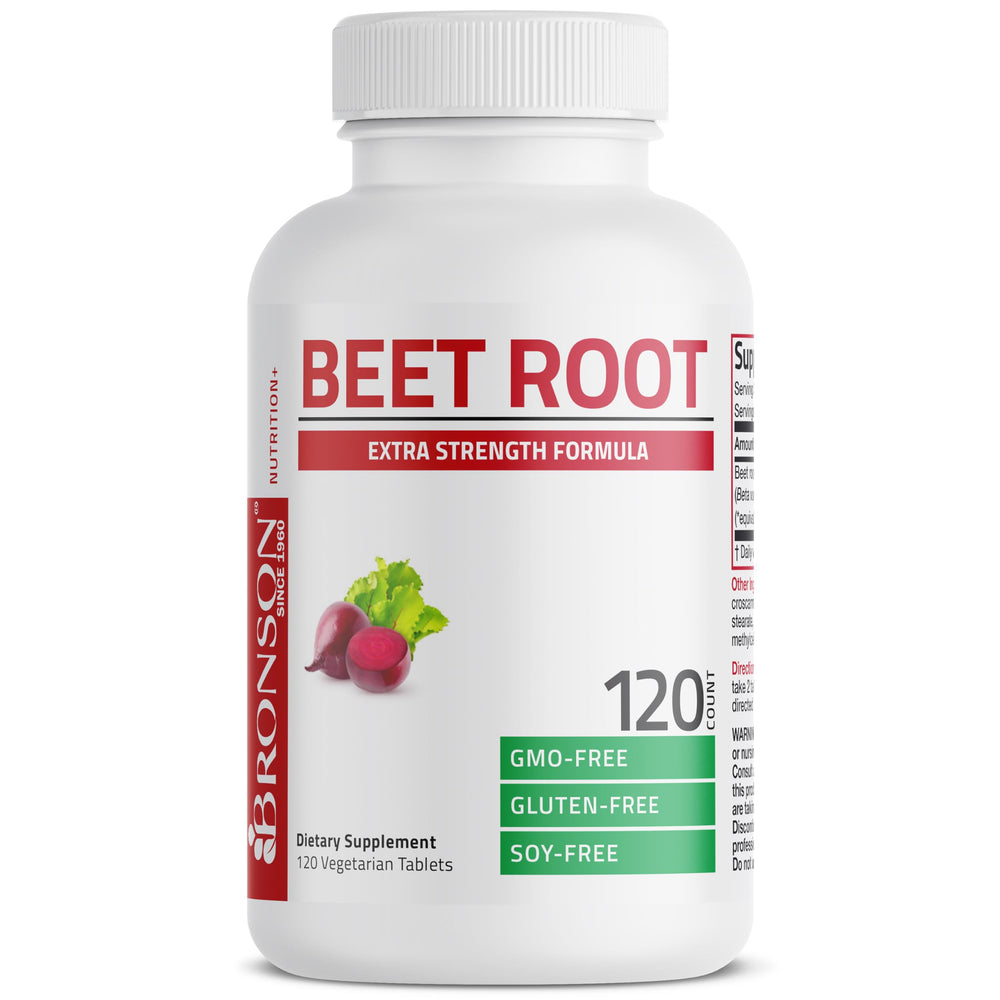 Bronson Beet Root packaging emphasizes Non-GMO, gluten-free and soy-free.