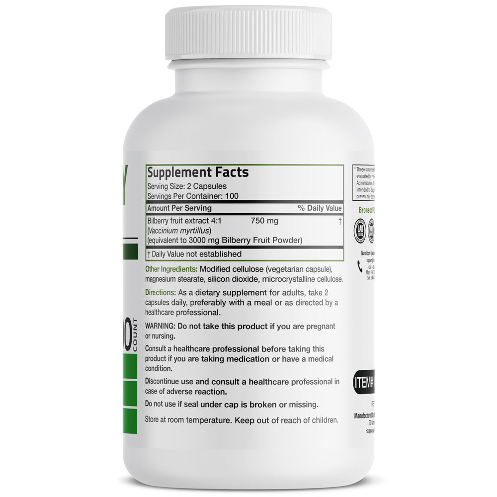 Bronson Bilberry Extra Strength capsules close-up highlighting antioxidants.