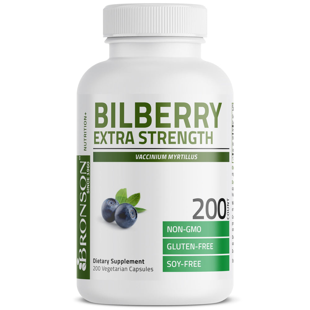 Bronson Bilberry Extra Strength label emphasizes vegan, non-GMO quality.