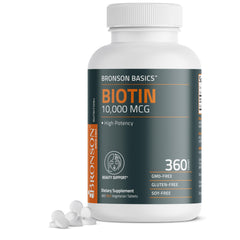 Bronson Biotin 10000mcg bottle on countertop for daily hair, skin and nails support.