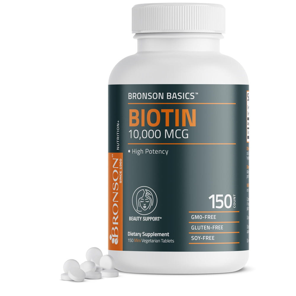 Bronson Biotin 10000mcg mini tablet on bottle for daily hair support