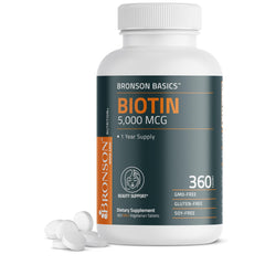 Bronson Biotin bottle with 5000 mcg label for daily wellness.