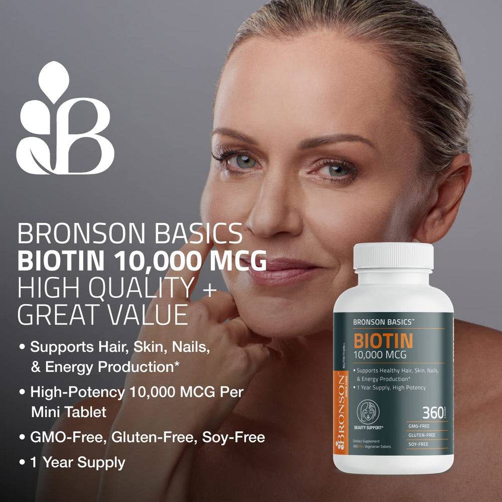 Bronson Biotin bottle label highlights 10,000 mcg and vegetarian formula.