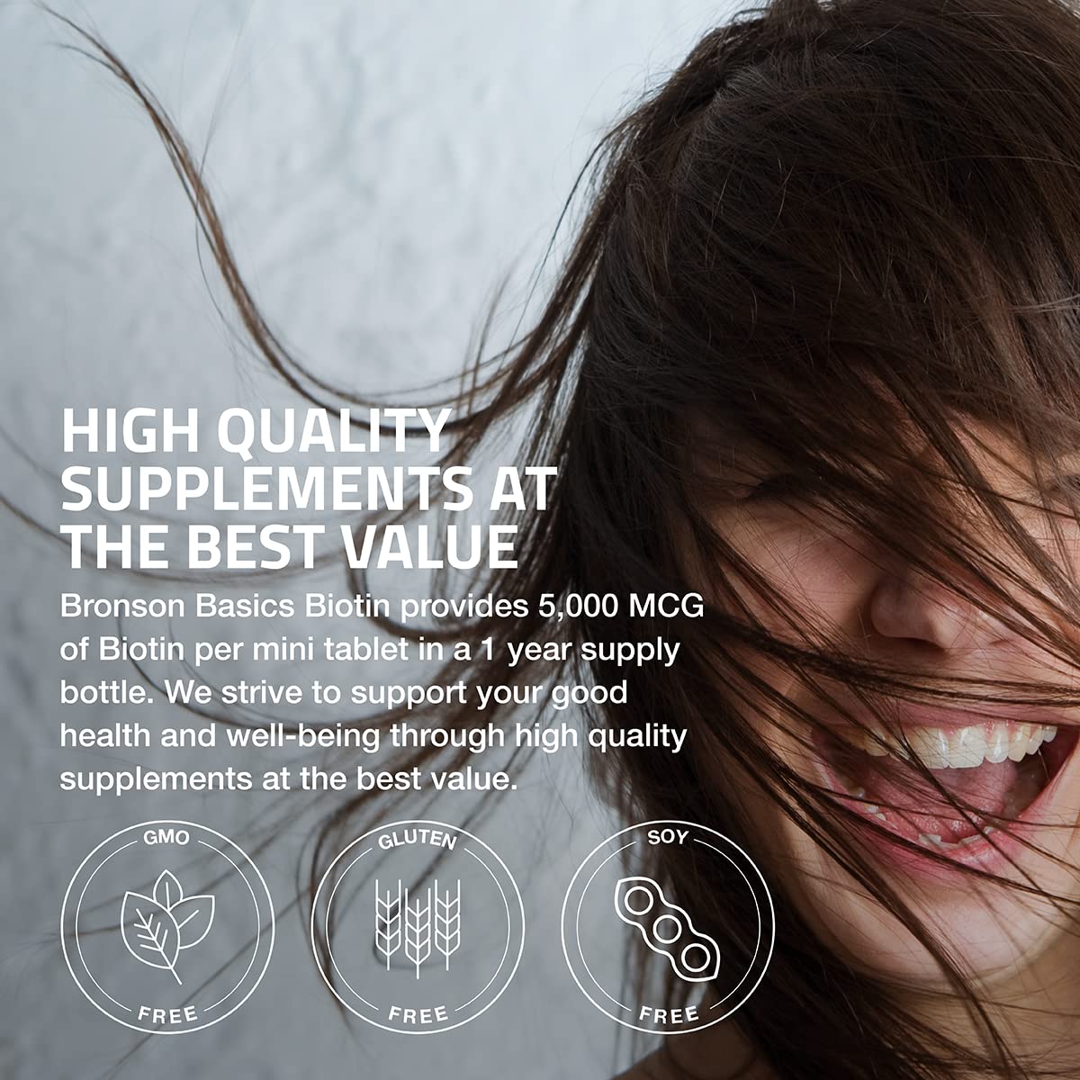 GMO-free and gluten-free badge on Bronson Biotin packaging.