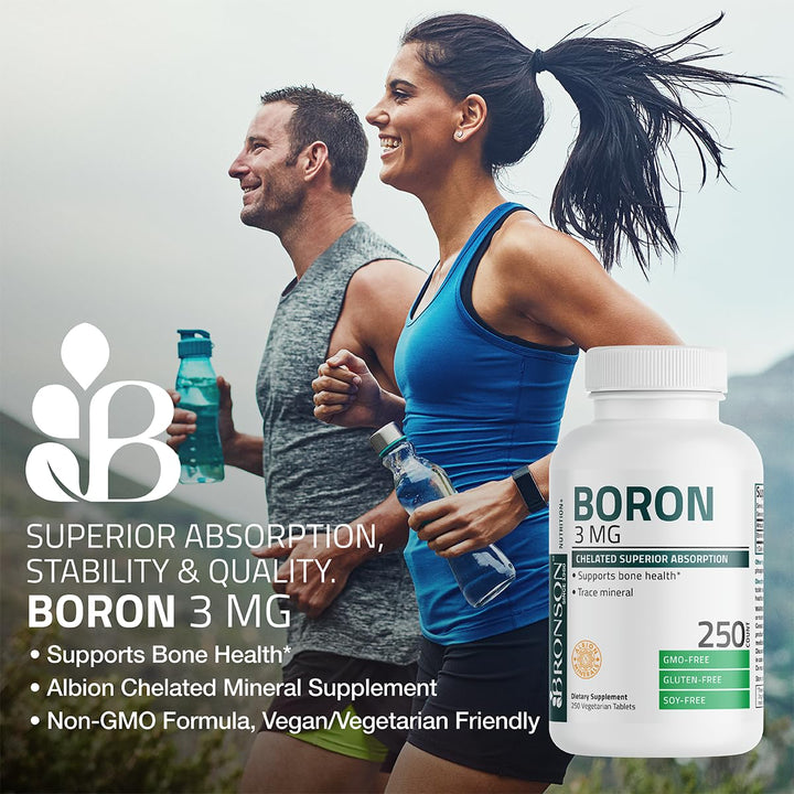 Bronson Boron label close-up highlighting Albion minerals for better absorption.