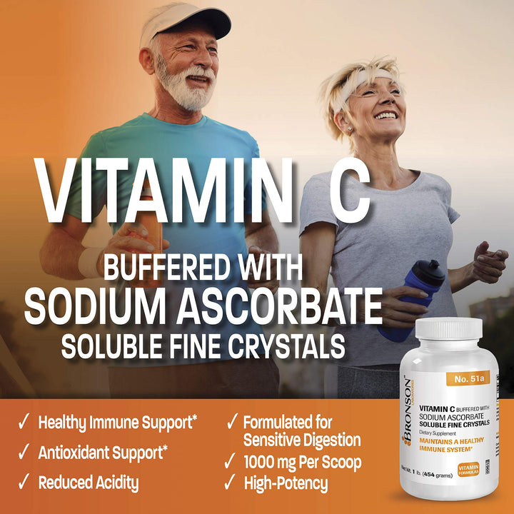 Bronson Buffered Vitamin C Powder label highlighting ingredients and quality