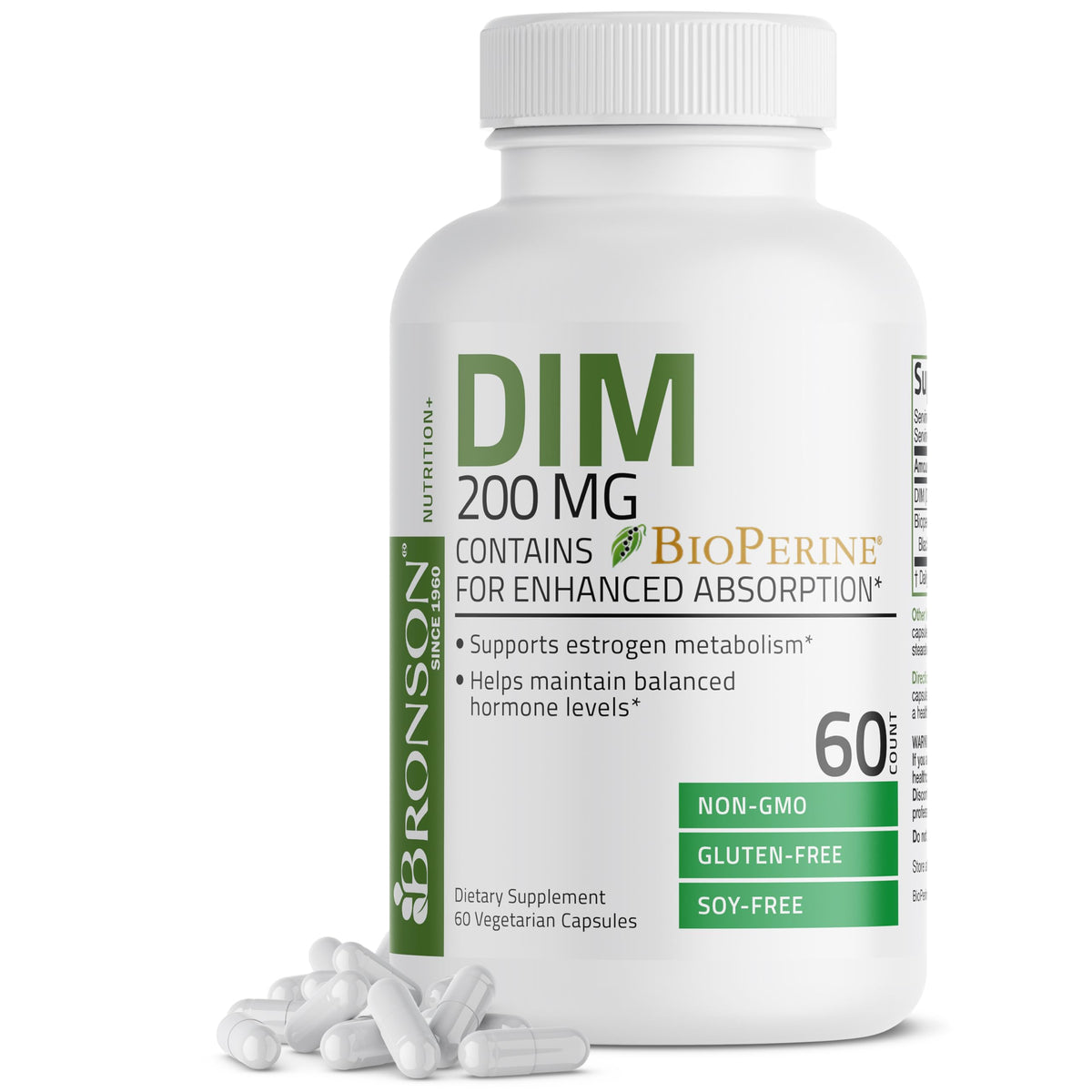 Bronson DIM 200 mg capsules in bottle for hormone balance.