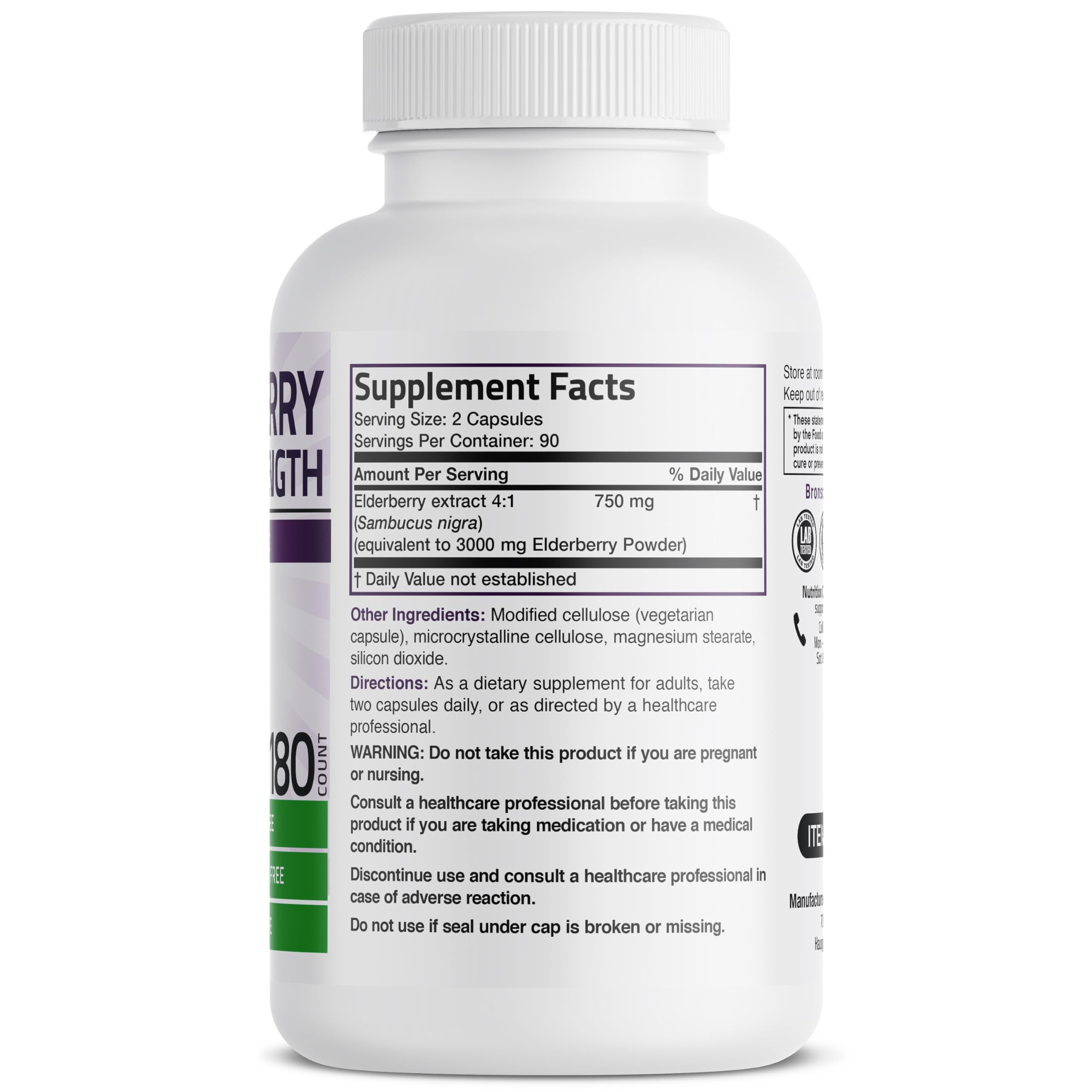 Bronson Elderberry Extra Strength bottle side shows labeling for vegan, non-GMO supplement.