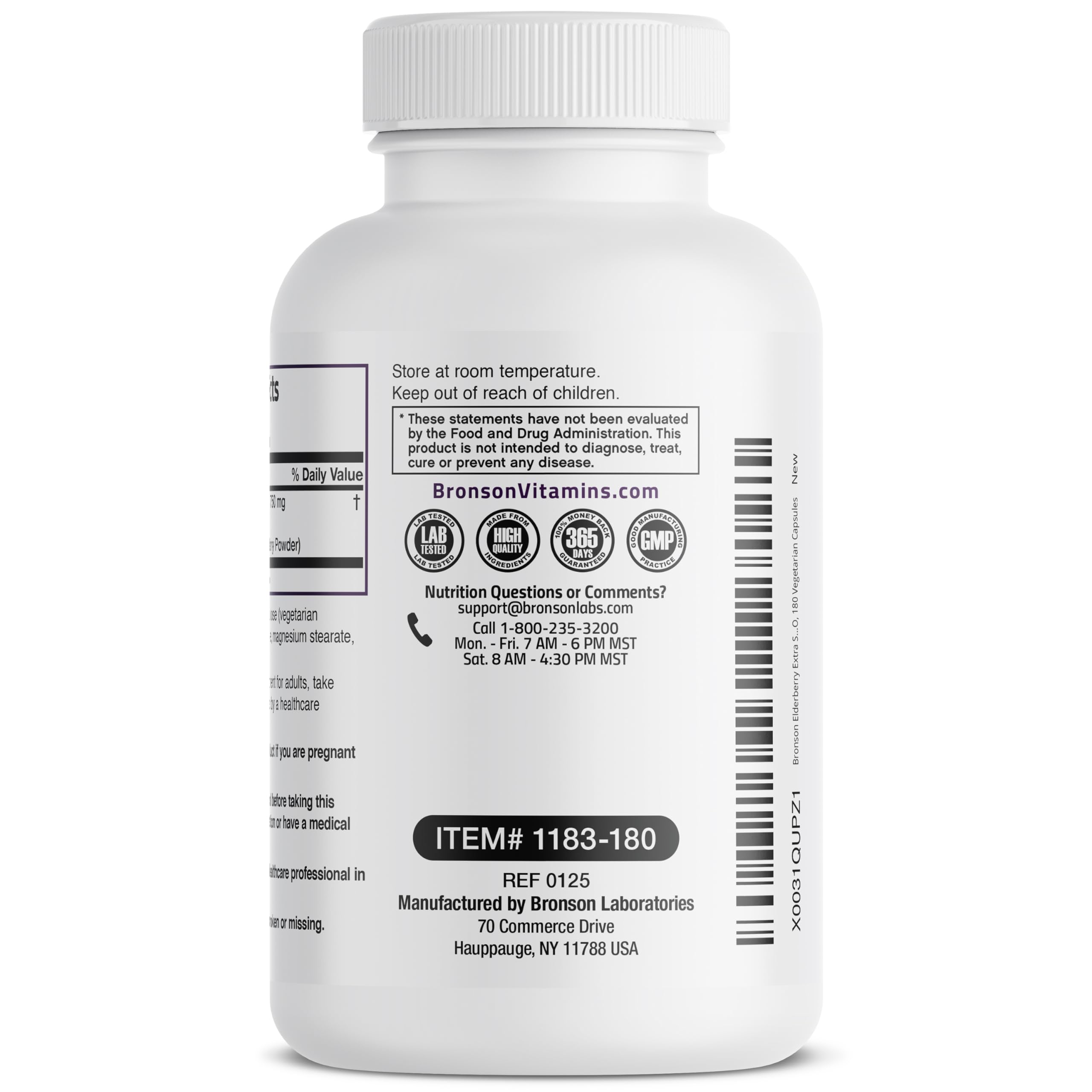 Bronson Elderberry Extra Strength box packaging showcases New York facility origin and vegan claim.