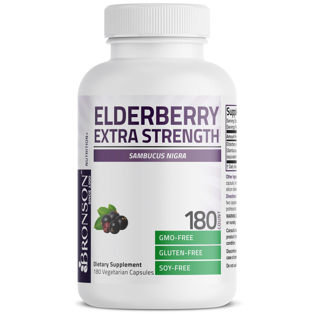 Bronson Elderberry Extra Strength capsules closeup highlights plant-based antioxidant-friendly capsules.