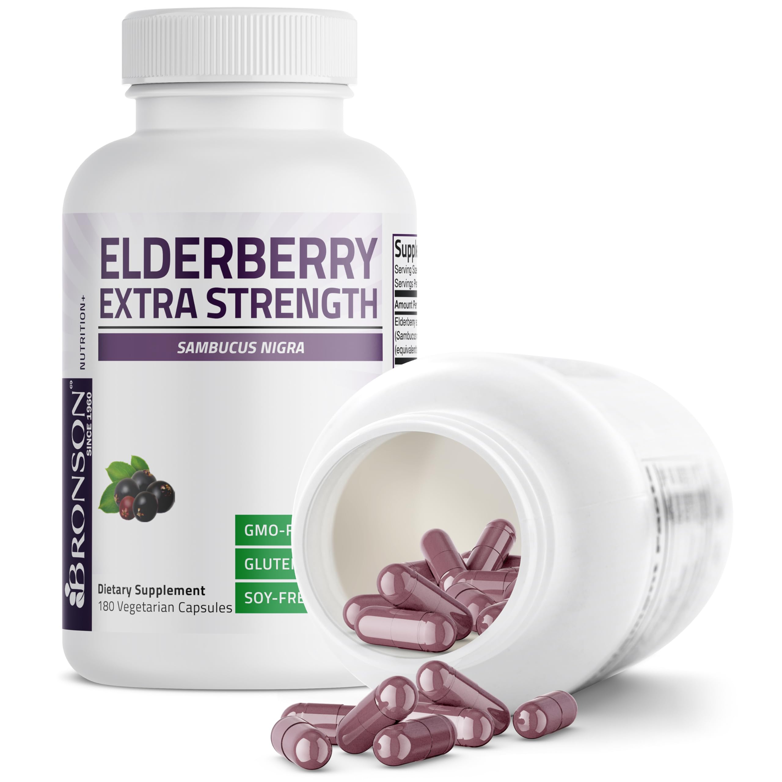 Bronson Elderberry Extra Strength label detail emphasizes quality and non-GMO formula.