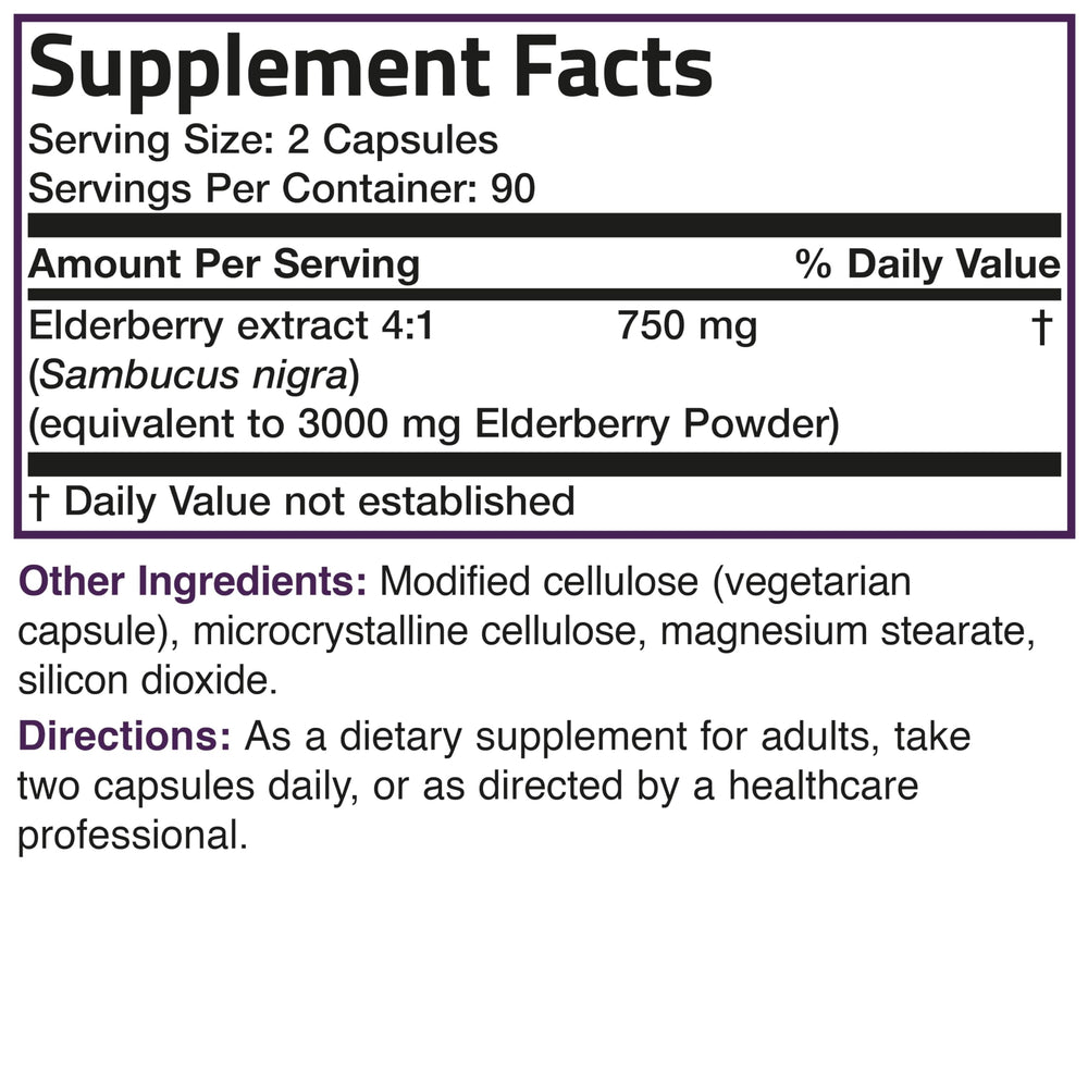 Bronson Elderberry Extra Strength product overview image highlights capsule count and dietary options.