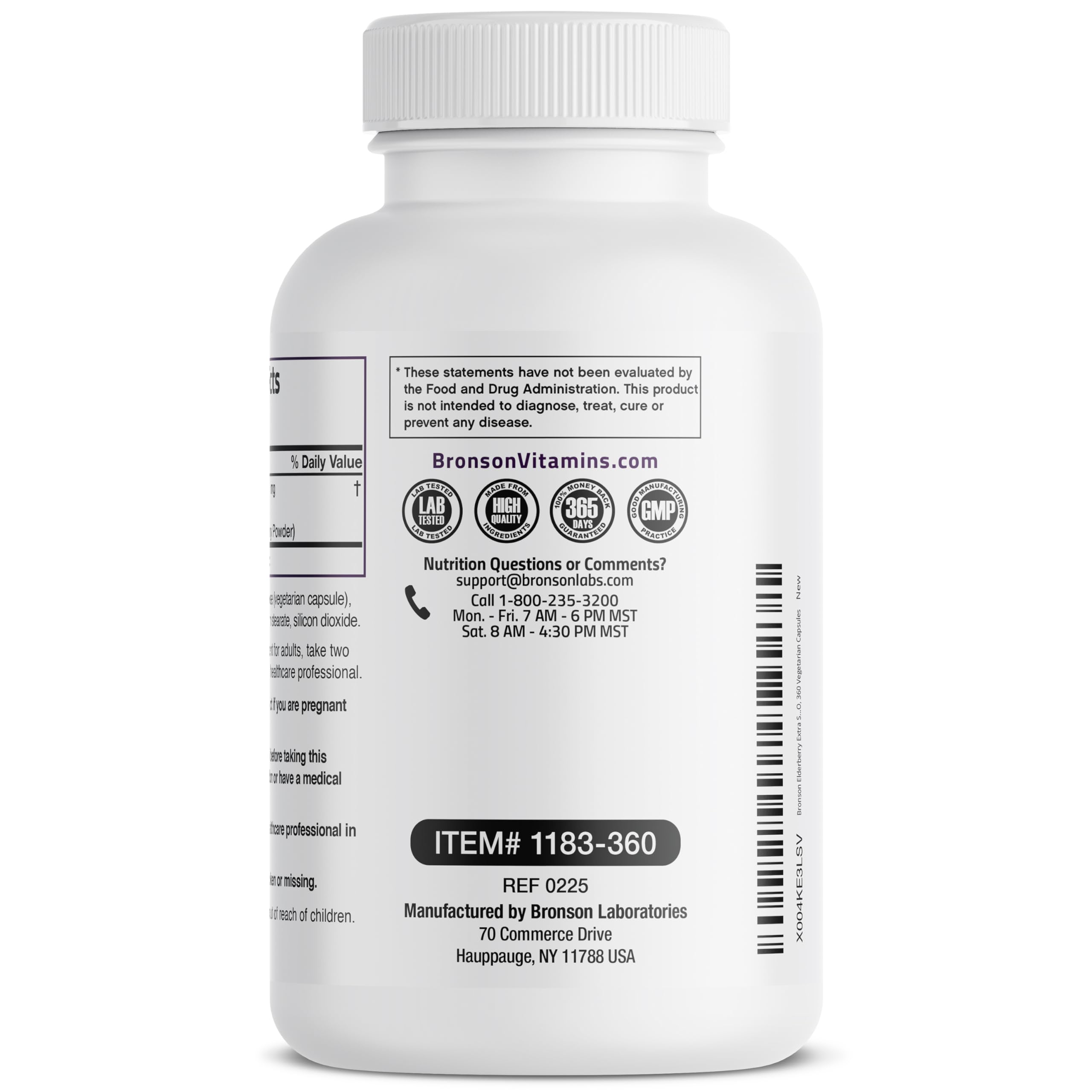 Bronson Elderberry bottle label emphasizes cGMP standards and New York facility