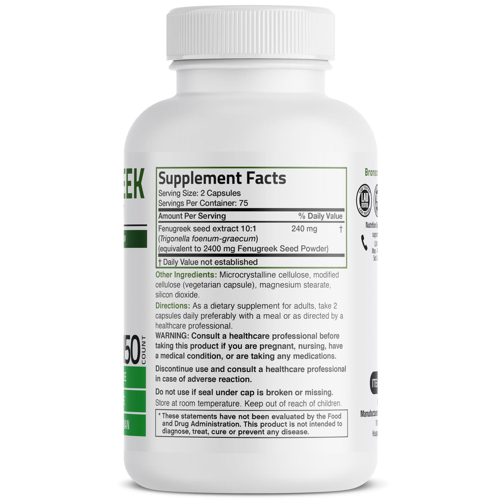 Bronson fenugreek seed powder capsules label closeup show non-GMO and soy-free promise.