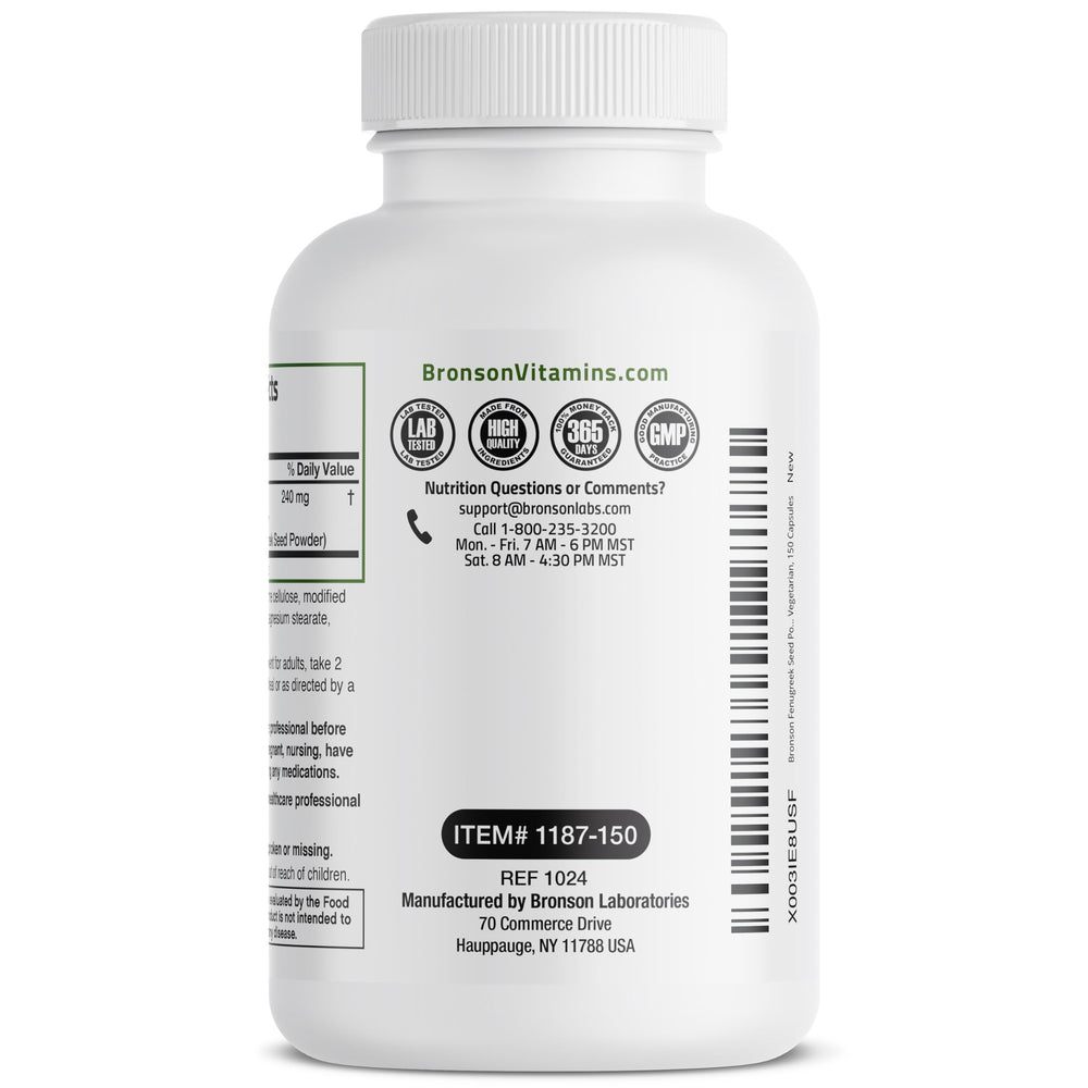 Bronson fenugreek seed powder capsules stored in pantry for easy access.