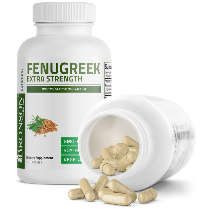 Bronson fenugreek seed powder capsules spoon measure for easy dosing.