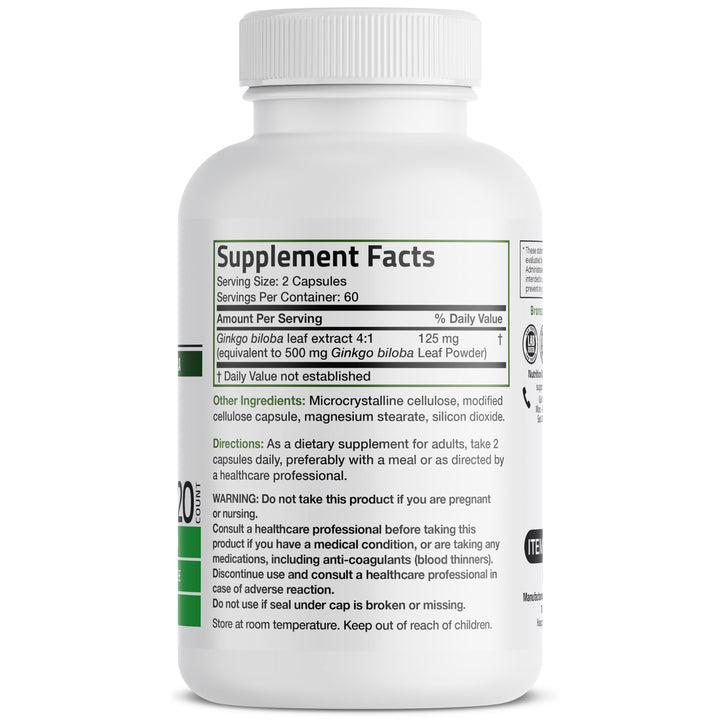 Bronson Ginkgo Biloba capsules close-up highlighting convenient vegetarian capsules for daily brain support.