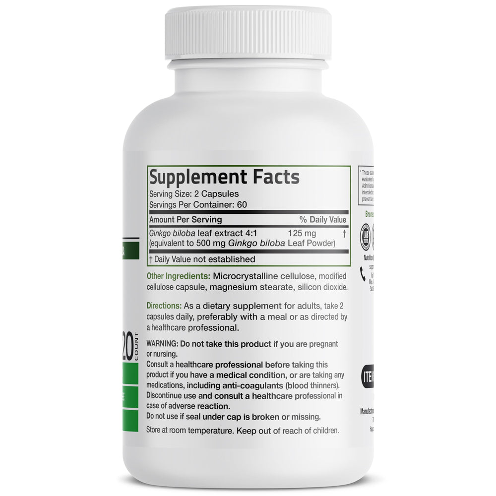 Bronson Ginkgo Biloba capsules close-up highlighting convenient vegetarian capsules for daily brain support.