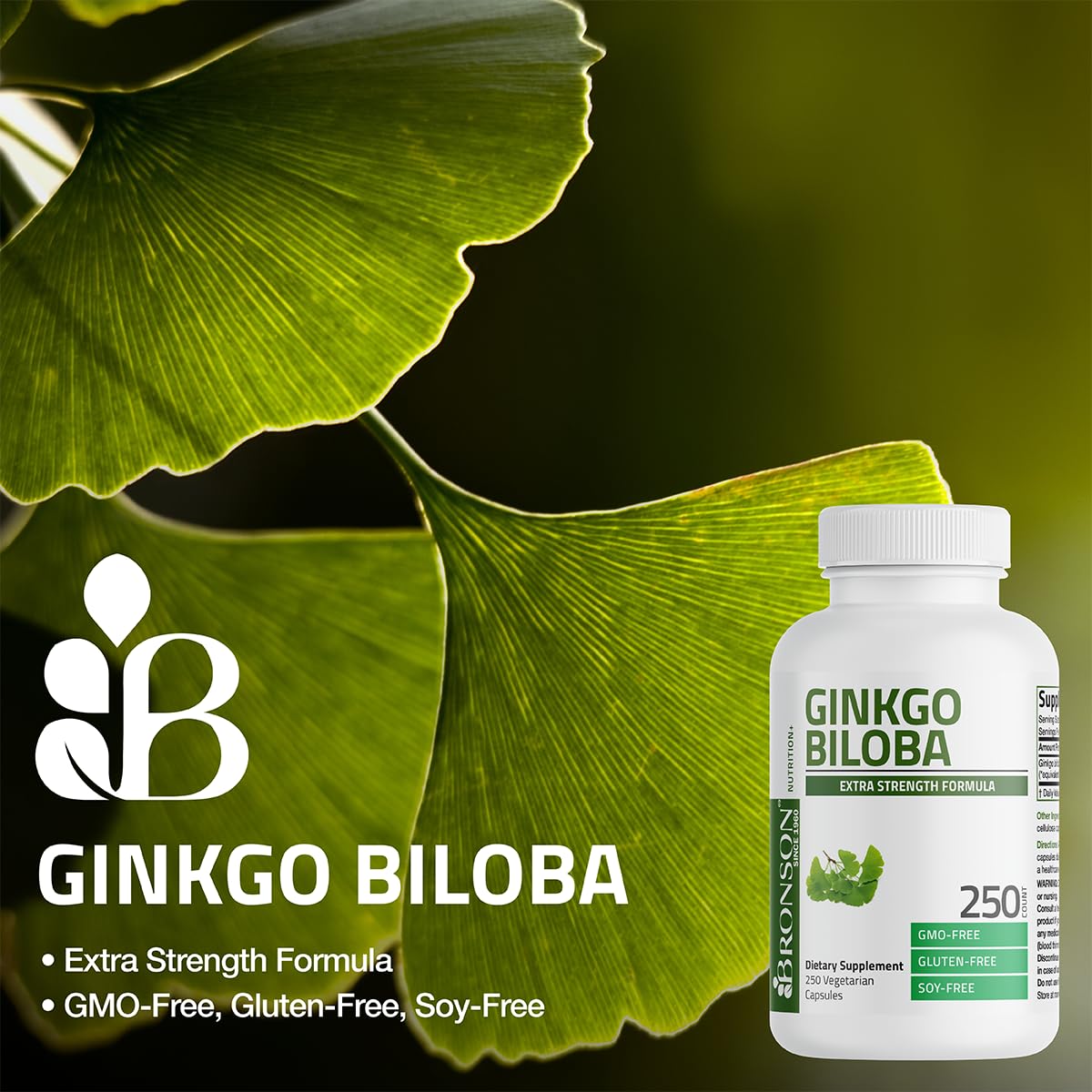 Bronson Ginkgo Biloba capsules close-up emphasizes vegetarian capsules.