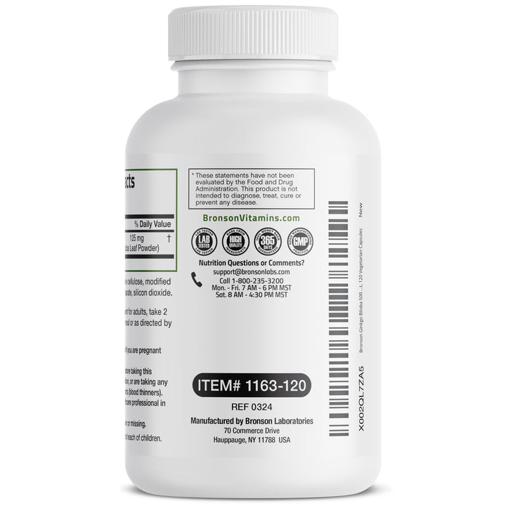 Bronson Ginkgo Biloba bottle presents soy-free icon.