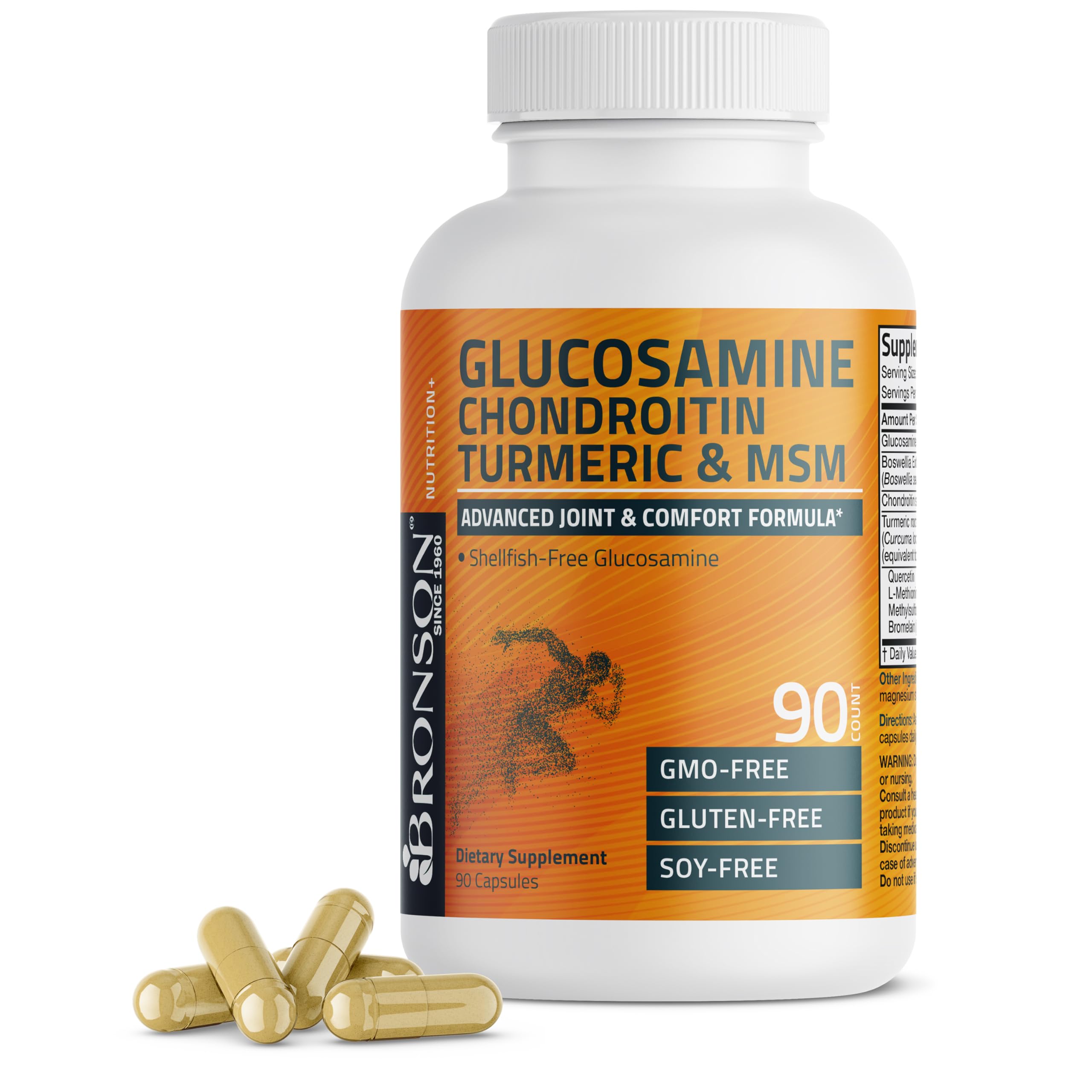 Bronson bottle with glucosamine chondroitin turmeric MSM capsules for joint support.