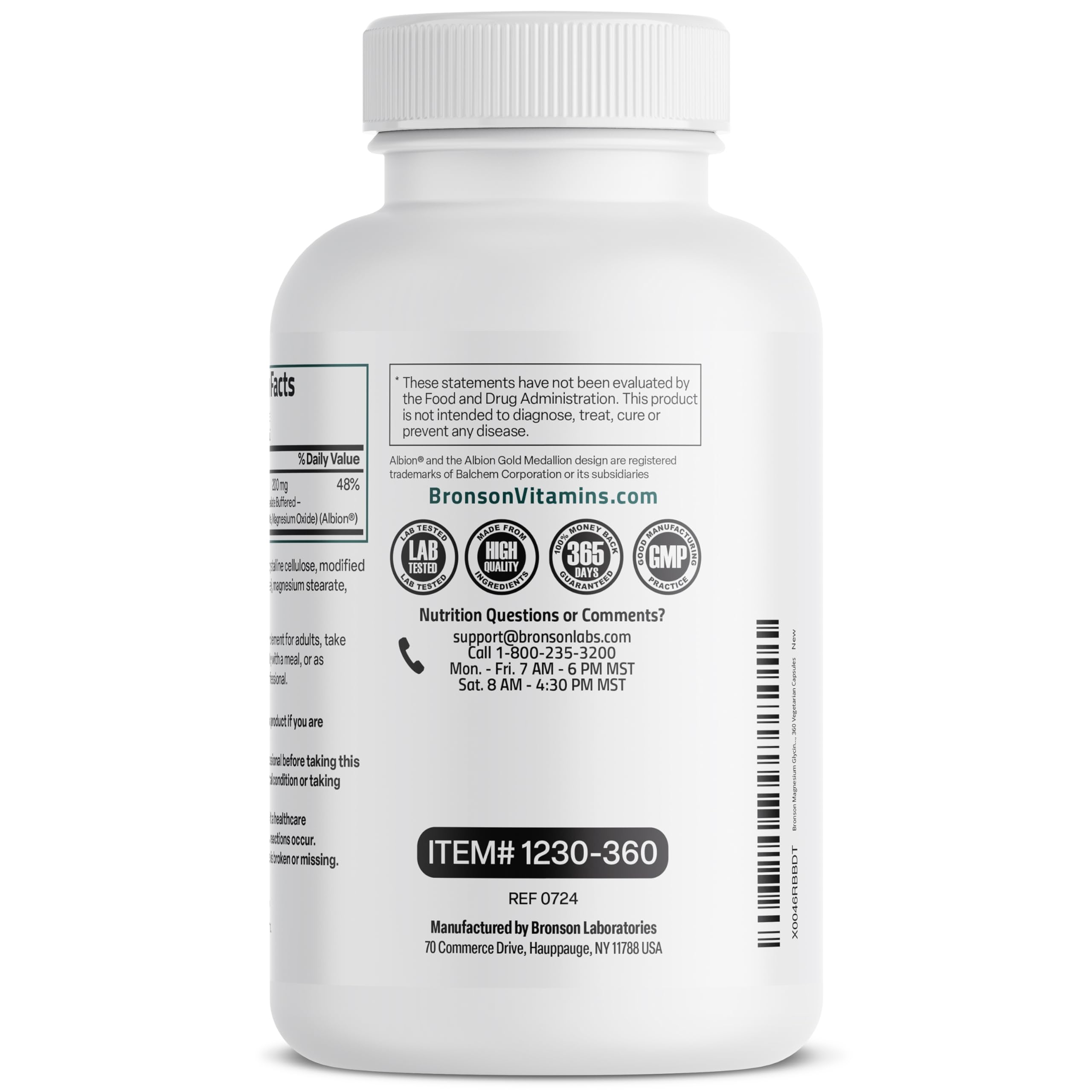 Bronson ingredient panel shows chelated magnesium glycinate for digestion-friendly use.