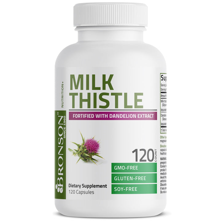 Bronson ingredients overview featuring milk thistle and dandelion.