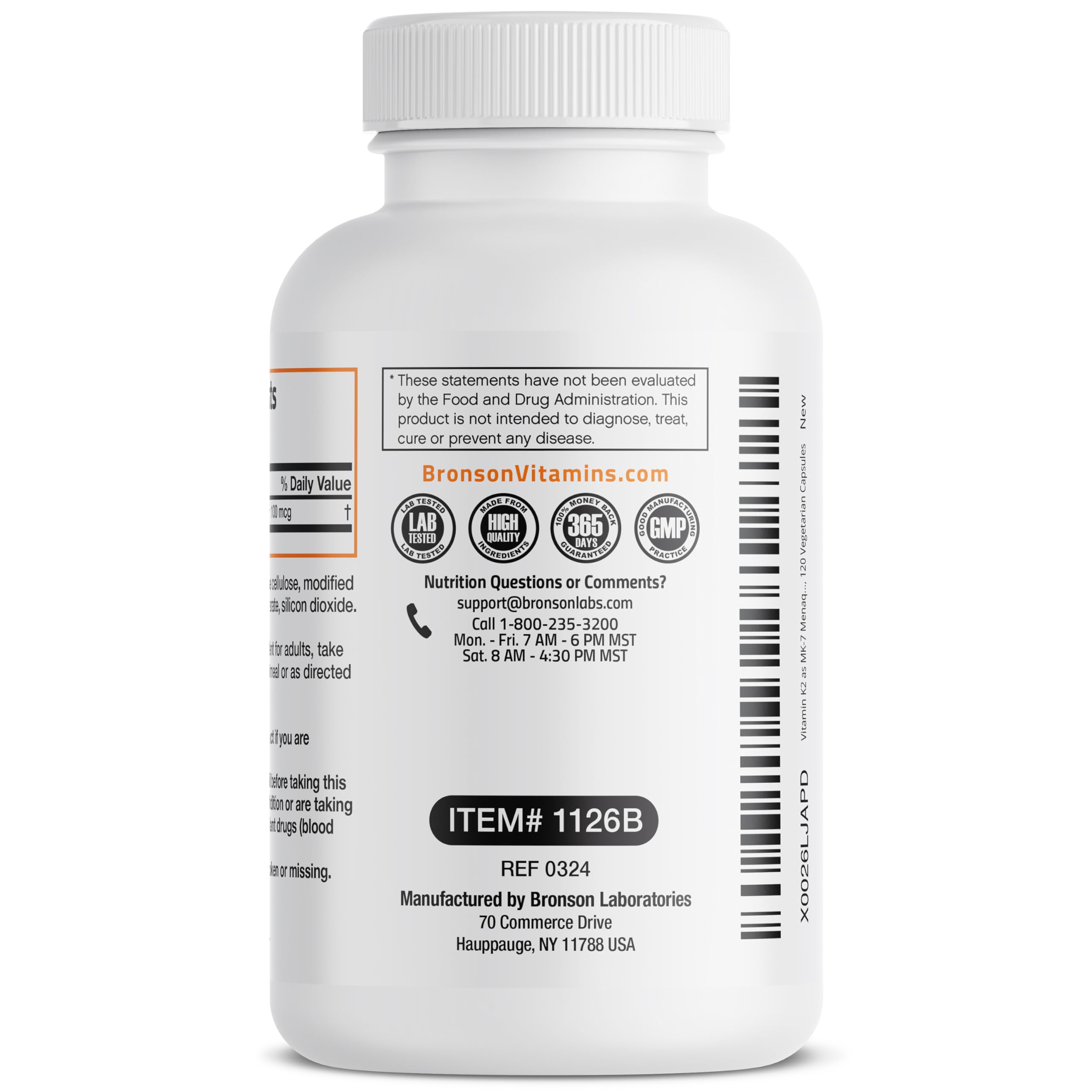 Bronson ingredients list shows non-GMO, gluten-free, soy-free formulation.