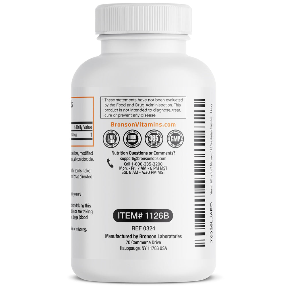 Bronson ingredients list shows non-GMO, gluten-free, soy-free formulation.