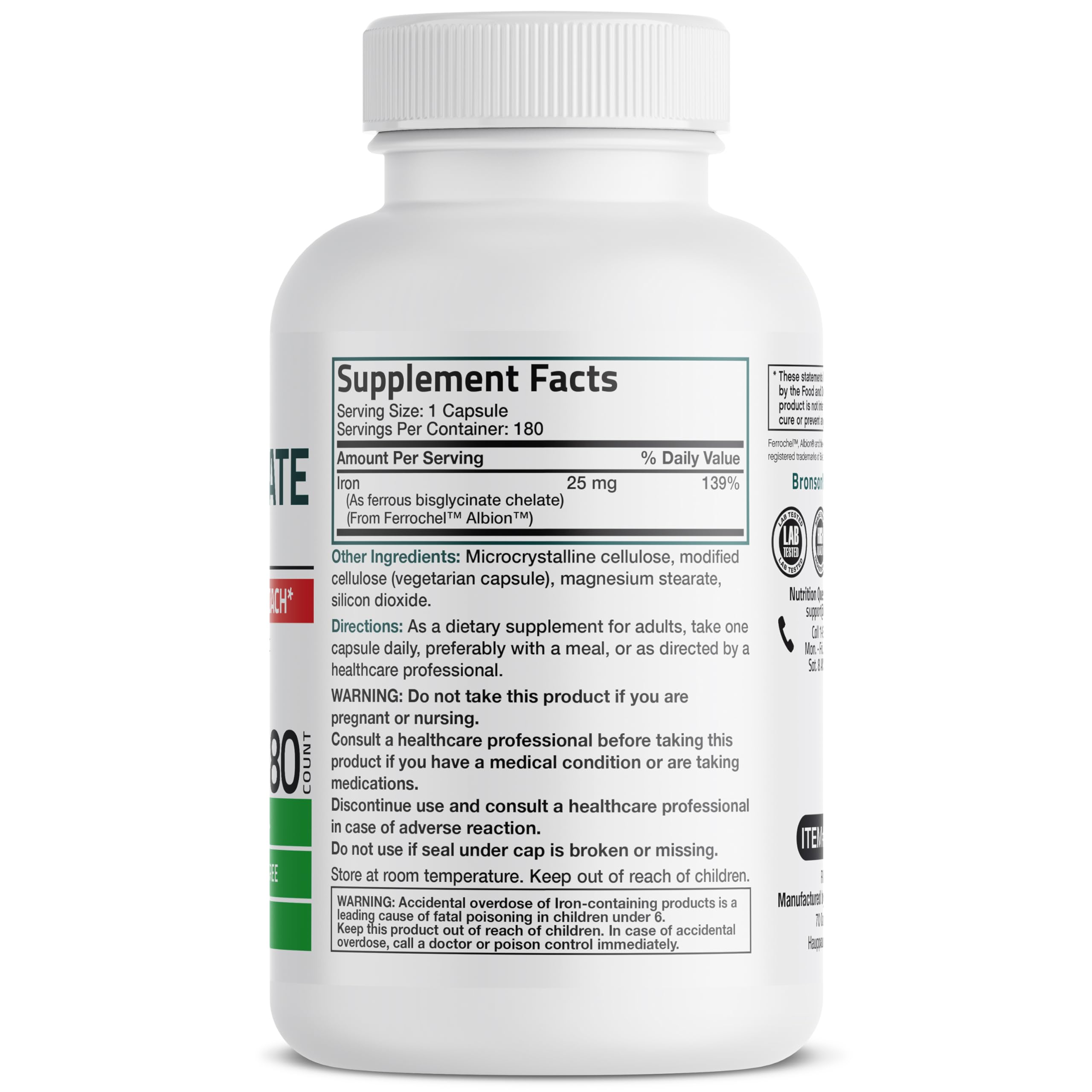 Bronson Iron Bisglycinate 25 mg bottle front; easy-to-take daily iron