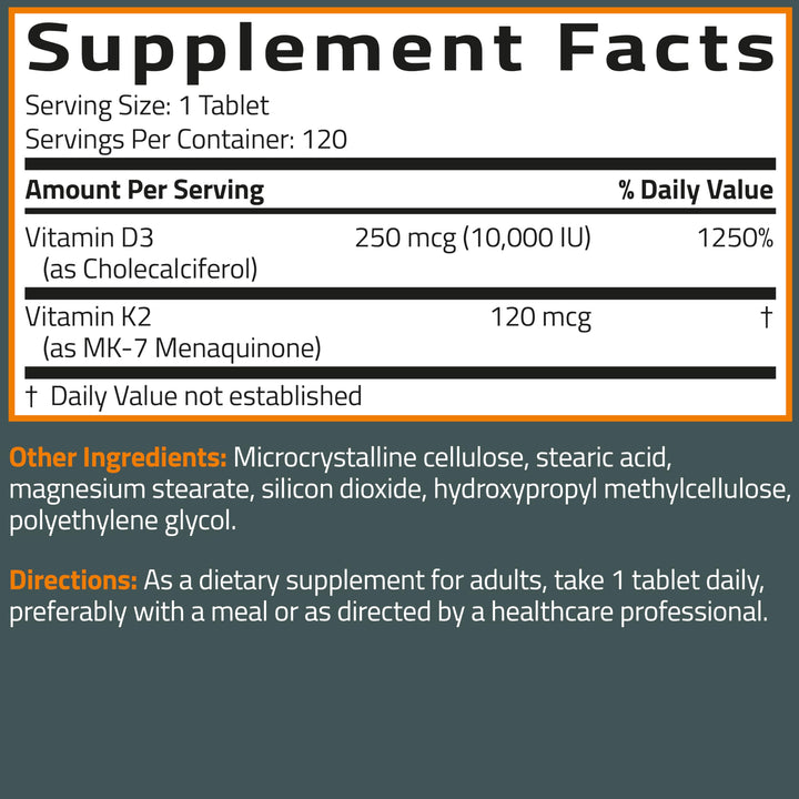 Back label on Bronson K2 D3 bottle shows 120 tablets