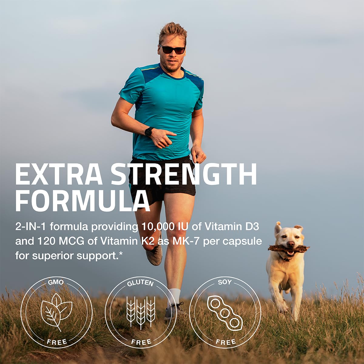 Bronson K2-D3 capsules shown as easy-to-swallow daily supplement.