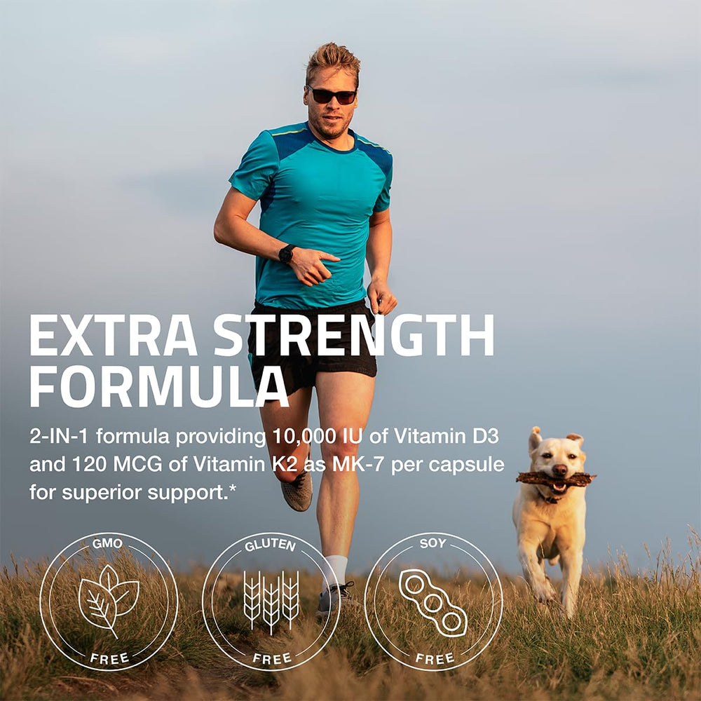 Bronson K2-D3 capsules shown as easy-to-swallow daily supplement.