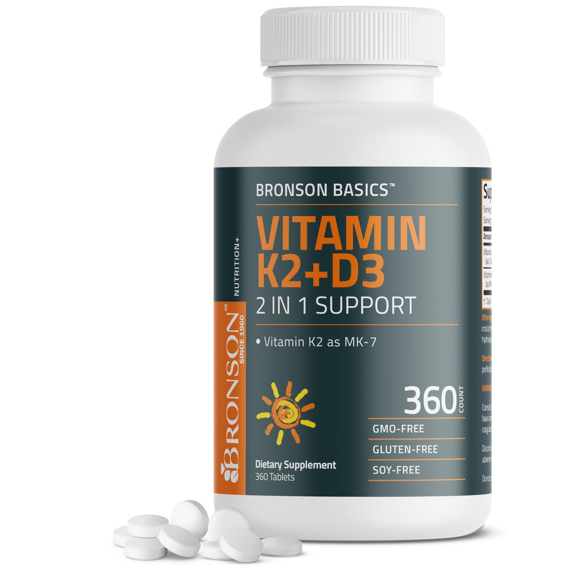 Bronson K2 D3 MK-7 bottle shown with 360 tablets for daily wellness.