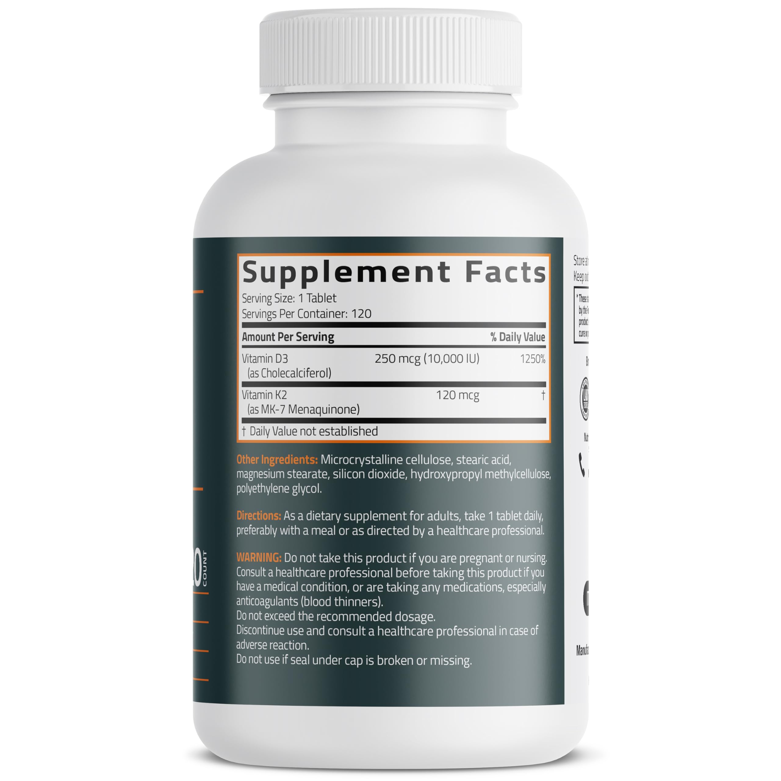 Close-up of Bronson K2 D3 MK-7 tablets showing compact, easy-to-swallow form