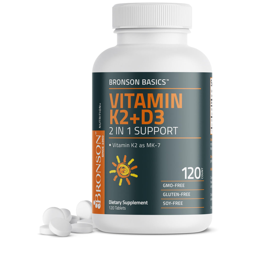 Bronson K2 D3 bottle label highlighting MK-7 and D3