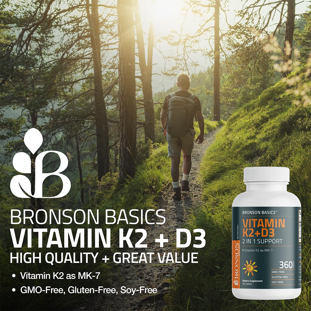 Bronson Basics packaging shows Non-GMO, Gluten-Free, Soy-Free assurances