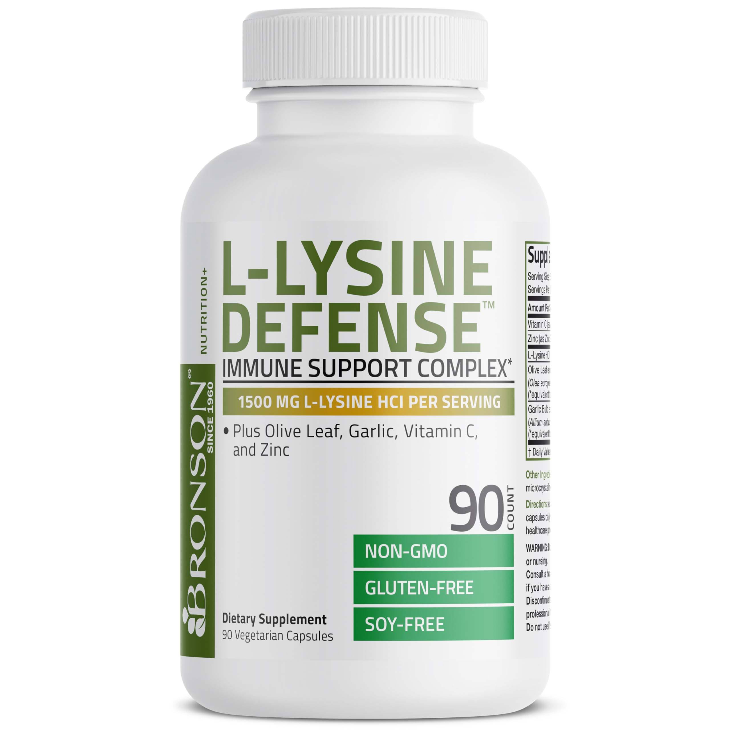 Bronson L-Lysine Defense packaging lists Vitamin C and Zinc for immune support.