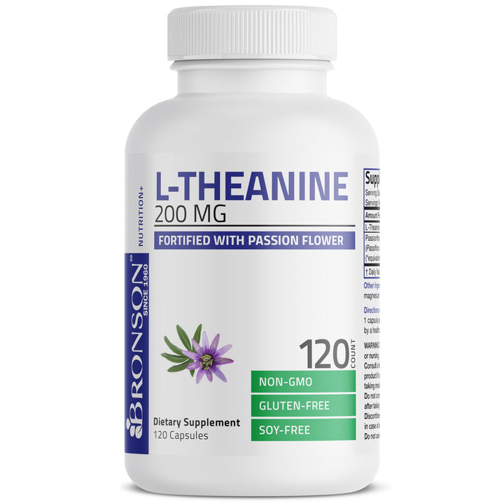 Bronson L-Theanine bottle with passion flower art promotes serenity