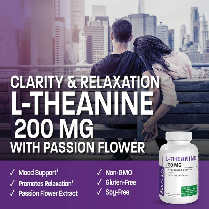 Bronson L-Theanine 200mg bottle side view highlights premium calm-support formula