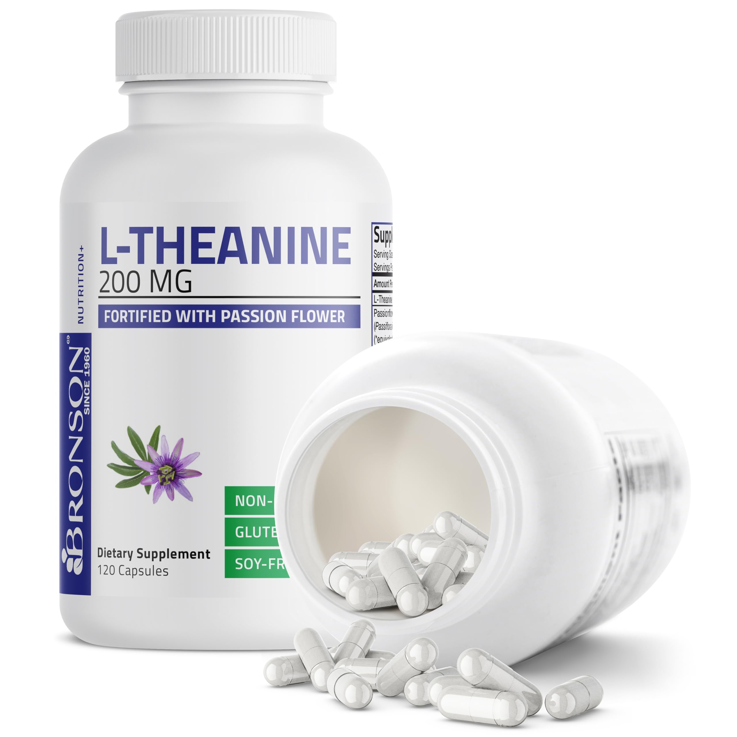 Bronson L-Theanine capsules poured view suggests easy daily relaxation support