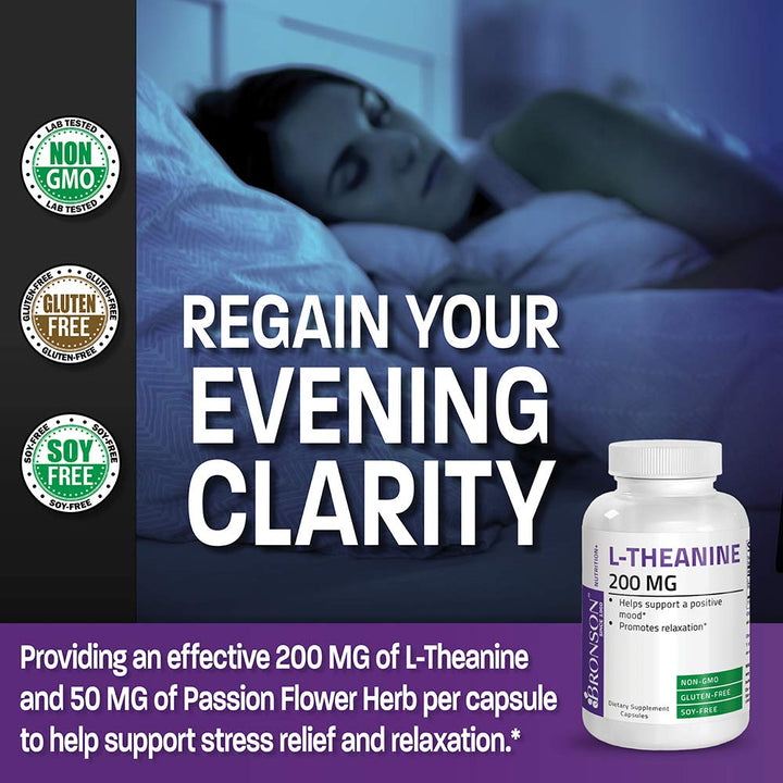 Bronson L-Theanine 200mg label closeup emphasizes passion flower ingredient