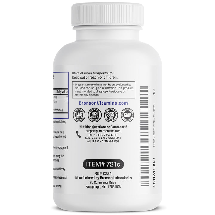 Bronson L-Theanine bottle packaging shows non-GMO and gluten-free properties